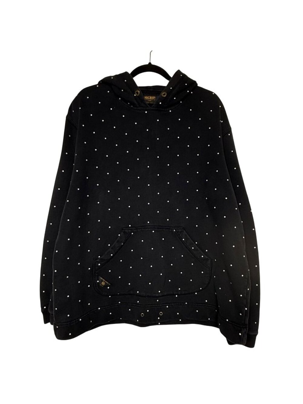 10.Deep Black Hoodie With White Polka Dot Pattern & Kangaroo Pocket Sz M